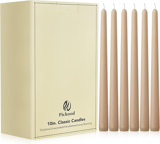 10-Inch Tall Unscented Dripless Taper Candles Bulk 30 Pack - Beige Taper Candles Bulk, Perfect for Wedding, Dinner - Smokeless, 6-8 Hour Long Burning - Colored Candlesticks Bulk - Beige