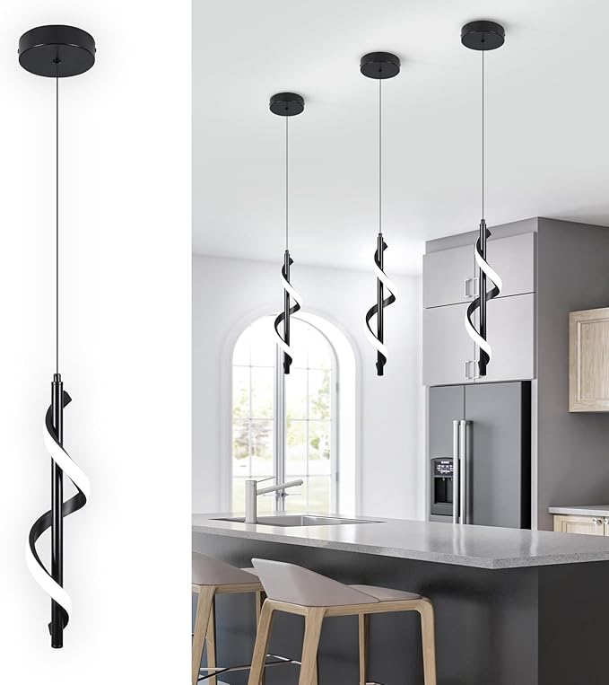 Modern Led Pendant Light Fixtures,6000K Cool White Black Led Pendant Lighting for Kitchen Island,Adjustable Height Hanging Light Fixtures for Kitchen Dining Room Living Room,1 Pack