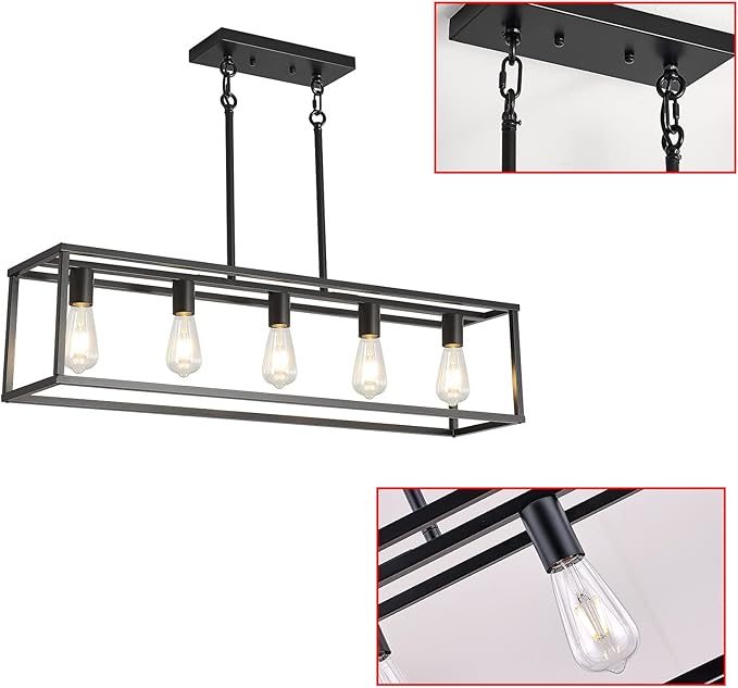 XILICON Kitchen Island Lighting Farmhouse Chandeliers Black 5 Light Modern Dining Room Lighting Fixtures Hanging, Kitchen Island Cage Linear Pendant Lights Ceiling Light