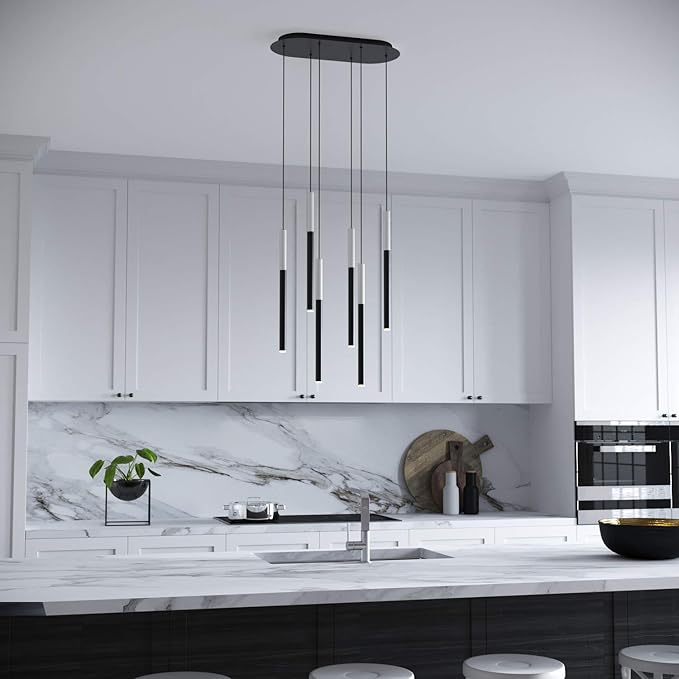 ALTAIR 6 Mini Pendant Lighting White-Black - LED Hanging Light Fixture for Kitchen Island, Bar, Foyer - Cluster Pendants - Dimmable, Adjustable Wire, Lamp Bulb Included