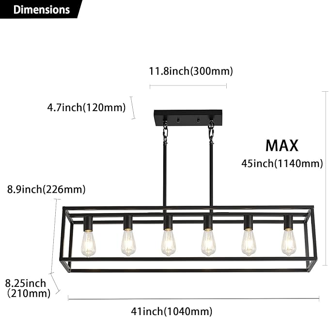 XILICON Farmhouse Chandeliers Rectangle Black 6 Light Dining Room Lighting Fixtures Hanging, Kitchen Island Cage Pendant Lights Contemporary Modern Ceiling Light with Adjustable Rods
