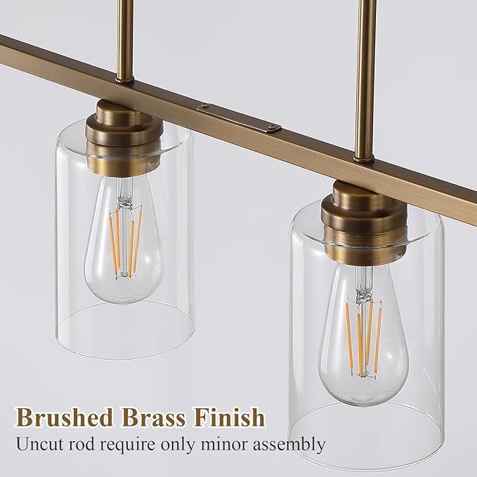 Island Light for Kitchen, Brushed Brass Dining Room Light Fixture Over Table, 4-Light Linear Chandelier Pendant Lighting for Dining Table Kitchen Island Living Room
