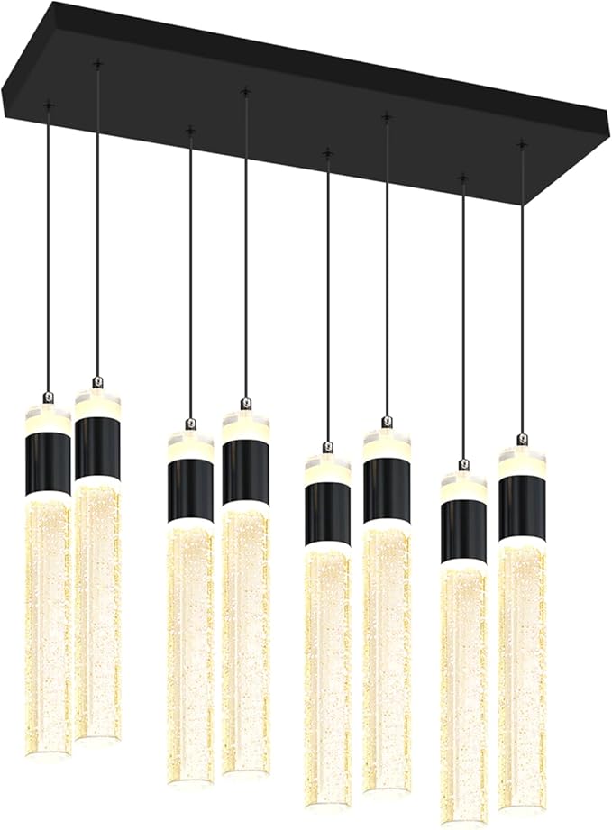 8-Lights Black Hanging Pendant Light for Kitchen Island Modern Dimmable LED Crystal Chandeliers for Dining Room Bedroom Living Room Over Table Adjustable Height