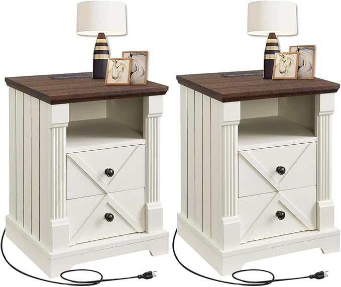 Nightstand with Charging Station, Rustic 18 Inch Farmhouse End Table with Barn Door, Wood Sofa Side Table with 2 Storage Drawers for Living Room, Bedroom, Entryway (Antique White 2pcs)
