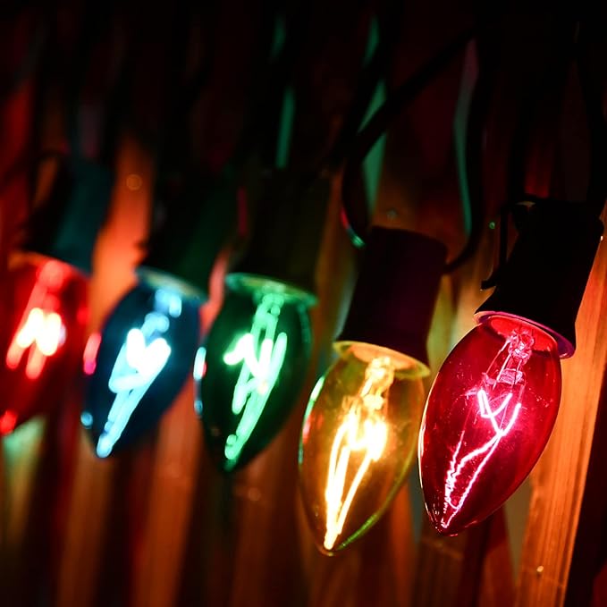 C9 Multicolor Christmas Lights Outdoor, 25Ft Vintage Christmas String Lights with 26 Clear Glass Multicolored Bulbs, Hanging Roofline Lights for Christmas Tree Patio Garden Party Decor-Green Wire