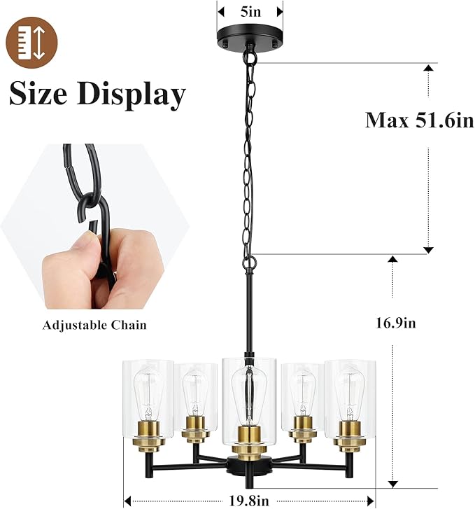 Sucolite 19.8'' 5-Light Chandelier for Dining Room Kitchen Island, Modern Farmhouse Pendant Lighting with Glass Shades Industrial Black Hanging Ceiling Light Fixture for Living Room, Height Adjustable
