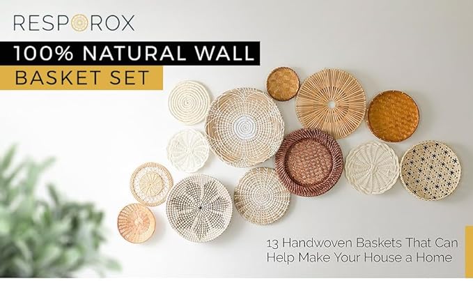 RESPOROX ELEGANCE YOUR WAY Set of 13 Hanging Woven Baskets for Wall Decor - Handcrafted Bamboo, Rattan & Seagrass Baskets come with Hanger Nails, Marking Pencil & Templates