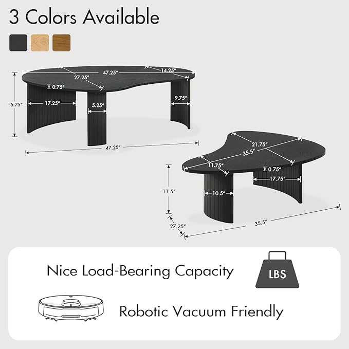 Black Wood Coffee Tables Set of 2 for Living Room, Modern Nesting Center Table with Fluted Solid Rubberwood Legs and Oval Mango Shape for Small Apartment