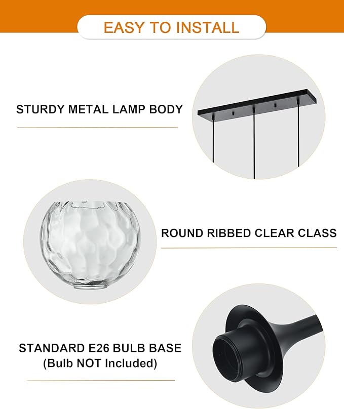 VINLUZ Linear 3-Light Hanging Pendant Kitchen Island Light in Black Finish, Modern Chandelier with Round Ribbed Glass Shades for Dining Room and Hallway
