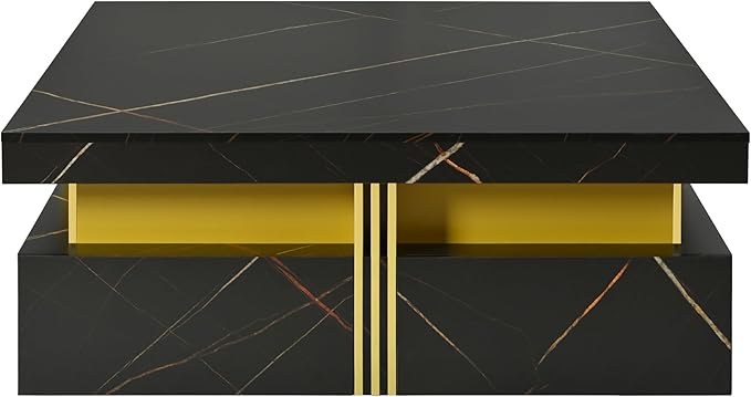 Merax 43.3" Modern Square Storage Coffee Table with 4 Drawers, with Marbling Gold Accents, Functional Center Tables for Living Room Apartment, Black