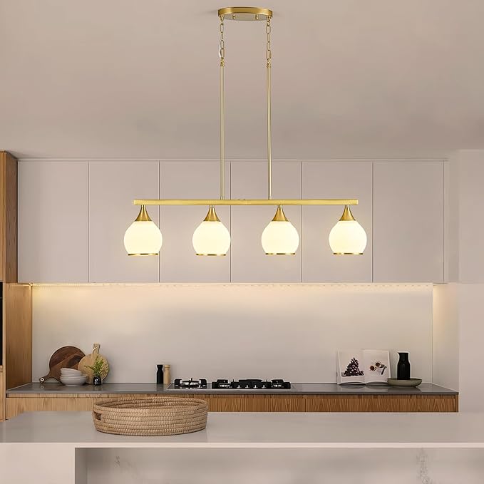 Island Light for Kitchen,4-Light Gold Finish Kitchen Island Pendant Lighting with Round Frosted Glass Shades for Dining Table