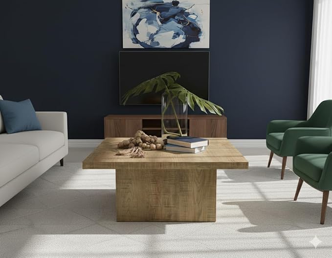 CARTESIAN Square Coffee Table, Natural Mango Wood Finish, Modern Block Base Design, 35.5x35.5x16.25 Inches, Living Room