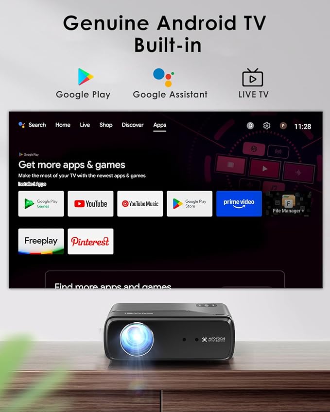 4K Home Theater Projector HDMI 2.1, eARC, Android TV 14.0, Portable Smart Bedroom Movie Gaming Projector 4K HDR, with WiFi 6, Bluetooth, Dolby Audio, Voice Control, Apps, Auto Focus, ZOOM, 1400ANSI