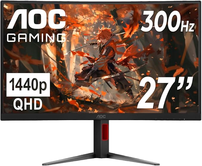 AOC CQ27G4ZH 27" Curved Gaming Monitor, QHD 2K 2560x1440, 1500R VA, 300Hz 0.3ms MPRT, HDMI x2, DP x1, Height Adjustable Stand, HDR, 3-Year Zero-Bright-dot