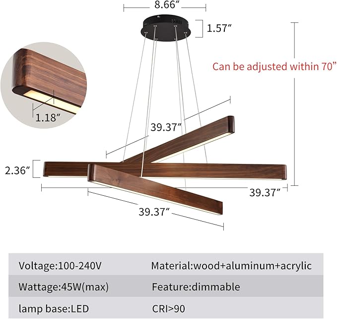 3-Light Linear Pendant,Dining Room Light Fixture,Modern Led Chandeliers for Living Room,Dimmable Wood Ceiling Pendant Light,45W for Living Room,Dining Room,Kitchen Island,Walnut Color