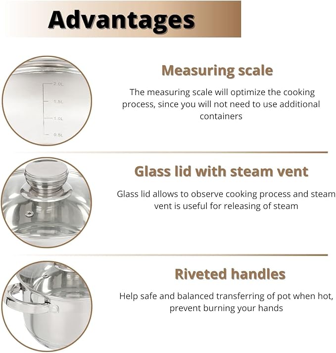 Daniks Standard 2 Quart Stainless Steel Stock Pot with Glass Lid, Try-Ply Bottom for Even Heating, Induction Compatible, Dishwasher Safe, Built-In Measuring Scale, Silver