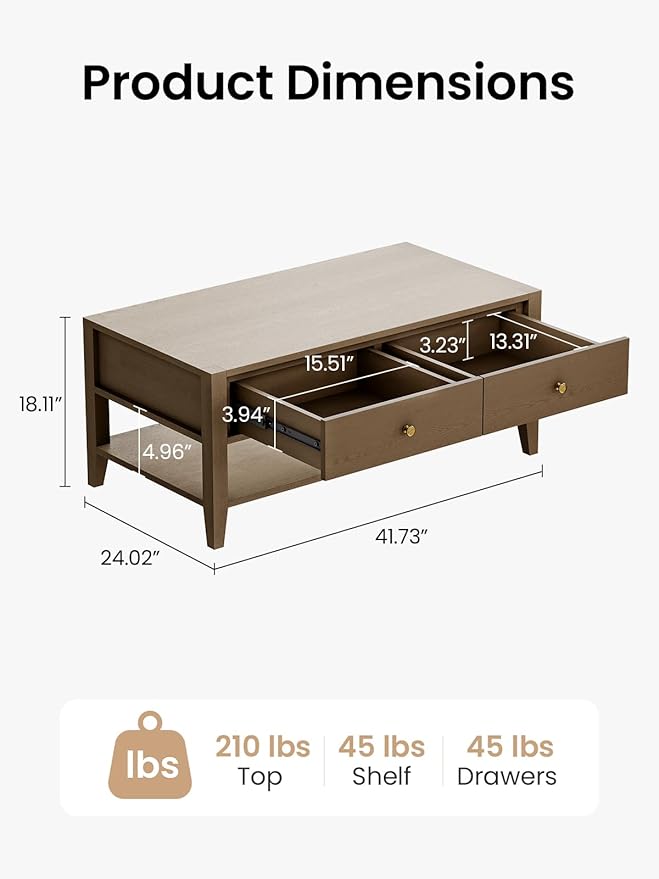 42" Farmhouse Coffee Table with Storage, Solid Wood Coffee Table for Living Room, Rectangle Coffee Table Center Table for Home Office Apartment, Easy to Assemble, Walnut