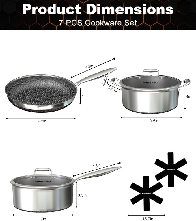 FogDream 5pcs Stainless Steel Cookware, Tri Ply Pots And Pans Set, Non Stick Frying Pans, Soup Pot & Sauce Pan With Tempered Glass Lids, Cool Handles, Dishwasher Safe, Induction Compatible, Silver