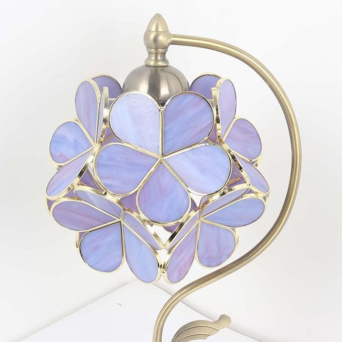 Bieye L11054 Tiffany Style Stained Glass Flower Petal Table Lamp with Brass Base for Home Décor (Purple, 8" Cherry Blossom)