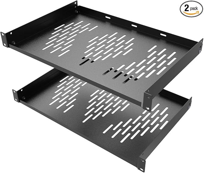 Beiyier 2PCS 1U Server Rack Shelf, Suitable for 19" Network Equipment Racks and Cabinets, Ventilated Cantilever Tray, Depth of 12 inches, Well-Ventilated (Black)