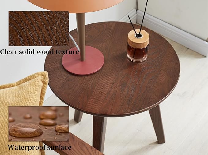 100% Solid Oak Wood Mini Coffee Table, Round Cofffe Tables Side Table w/Solid Wood Legs, Walnut Mid Century Table for Bedroom Balcony Living Room (23.62" D x 13.78" H)