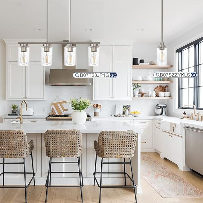 TODOLUZ 4-Lights Kitchen Island Pendant Light Fixture with Seeded Glass Shade, Brushed Nickel Hanging Ceiling Lighting for Farmhouse Dining Room