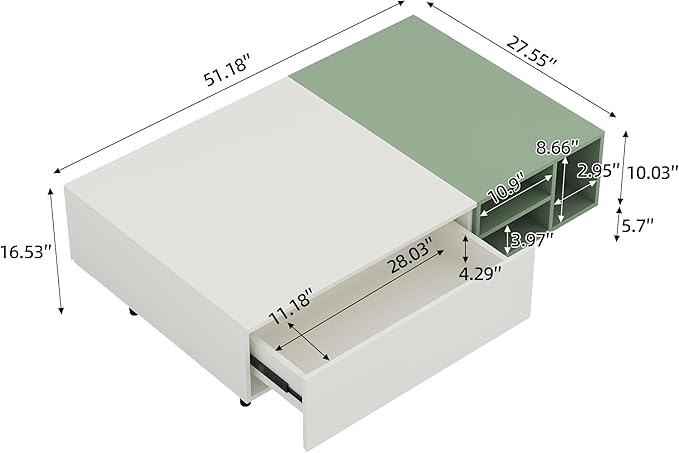 51.18" Modern Minimalist Coffee Table with Sliding Drawers & Open Storage Shelves, Storage Coffee Table for Apartment, Living Room,or Office, White & Green