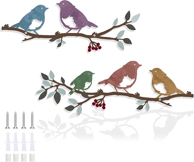 Harikikochuu 2 Pcs Metal Birds Wall Art Decor Robin Bird on the Branch Silhouette Art Metal Decorative Birds Hanging Wall Sculpture for Outdoor Balcony Garden Porch Décor(Colorful)