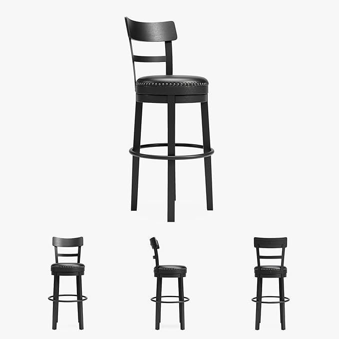 Signature Design by Ashley Valebeck Tall Upholstered Swivel Bar Stool with 360-Degree Swivel and Nailhead Trim, Faux Leather, 30" Seat Height, Black Finish