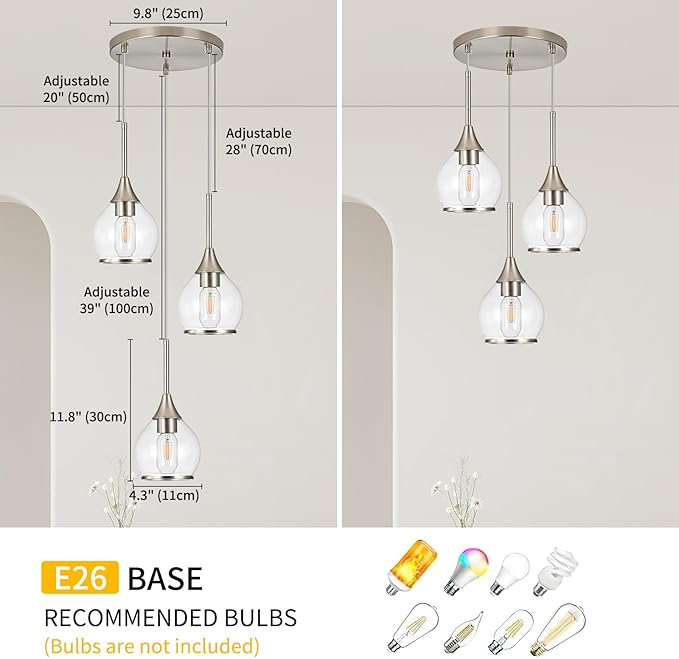 3-Light Island Light for Kitchen, Brushed Nickel Kitchen Island Hanging Pendant Light, Brushed Nickel Dining Room Light Fixture Over Table with Clear Round Glass Shade