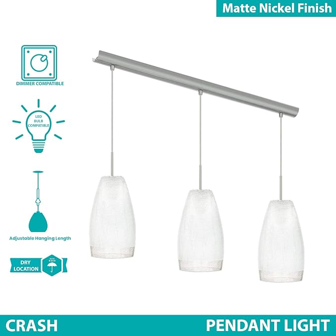 EGLO Crash 3-Light Pendant Hanging Lighting Fixture with Crackle Glass Shades for Kitchen Island, Hallway, and Dining Room, 59-Inch, Matte Nickel