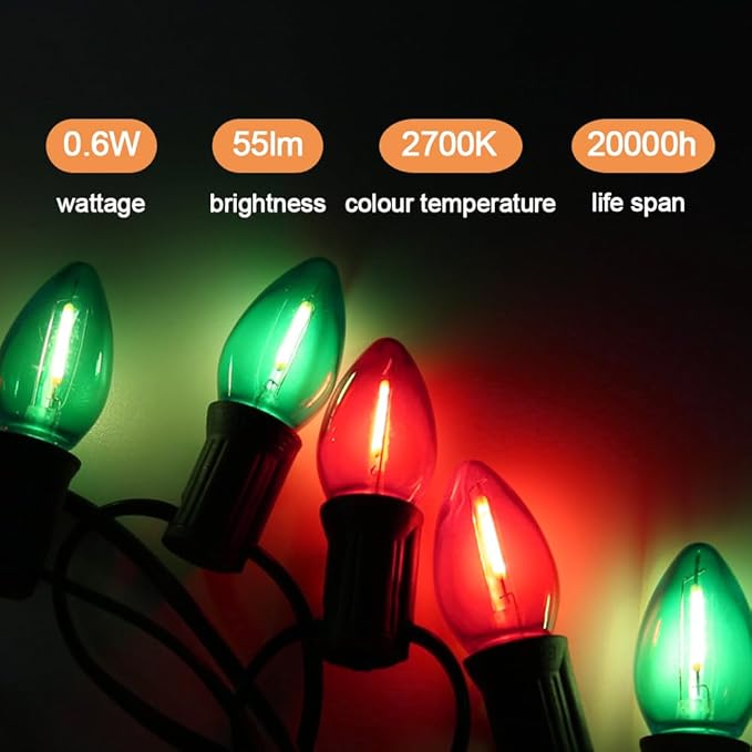 NETEHA 25 Pack C7 Red and Green Led Replacement Christmas Light Bulb, C7 E12 Base 120V Waterproof Led Bulbs for Christmas Outdoor String Lights, Halloween Decoration Bulb