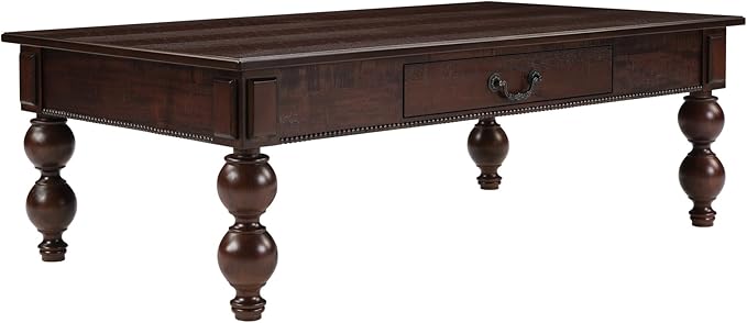 Amposei Retro Coffee Table 47’’ Vintage Wooden Cocktail Center Table with 1 Storage Drawer & Solid Wood Legs for Living Room, No Assembly, Espresso