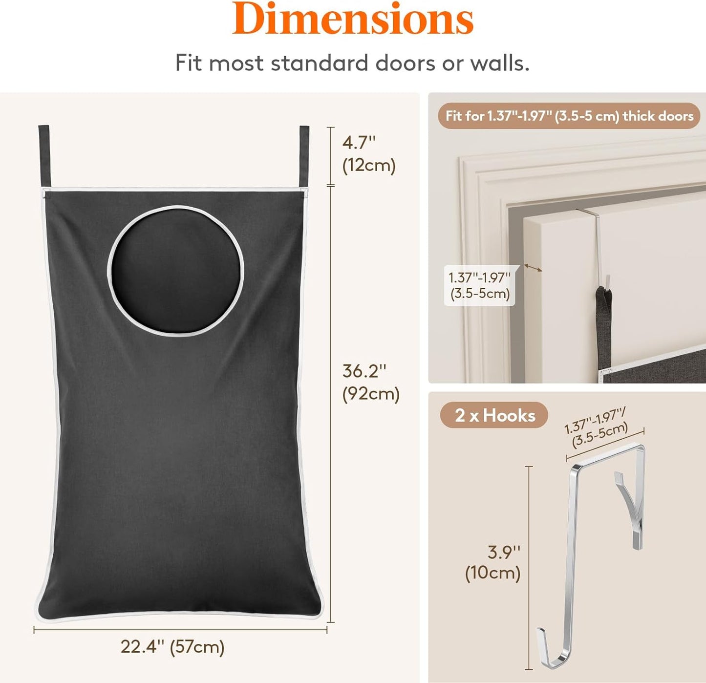 Lifewit 2 Pack Over Door Laundry Hamper, Large Collapsible Hanging Laundry Hamper, Hanging Laundry Basket Bag for Bathroom Bedroom Dirty Clothes Storage Organizer, Dark Gray
