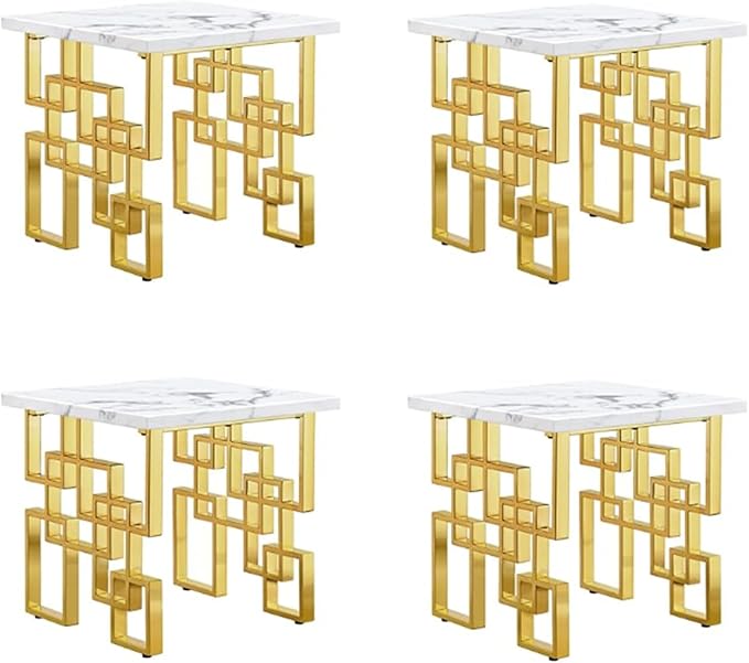 AUZ Gold End Table Set - Luxury Square Living Room White & Gold Side Table with Mirrored Geometric Base