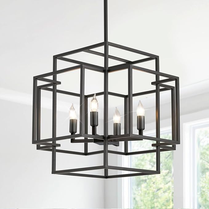 WJShome 16.5" Black Chandelier, 4-Light Farmhouse Foyer Lighting Fixtures, Modern Industrial Ceiling Lantern Pendant Light Large Chandeliers for High Ceilings, for Dining Room, Entryway, Staircase