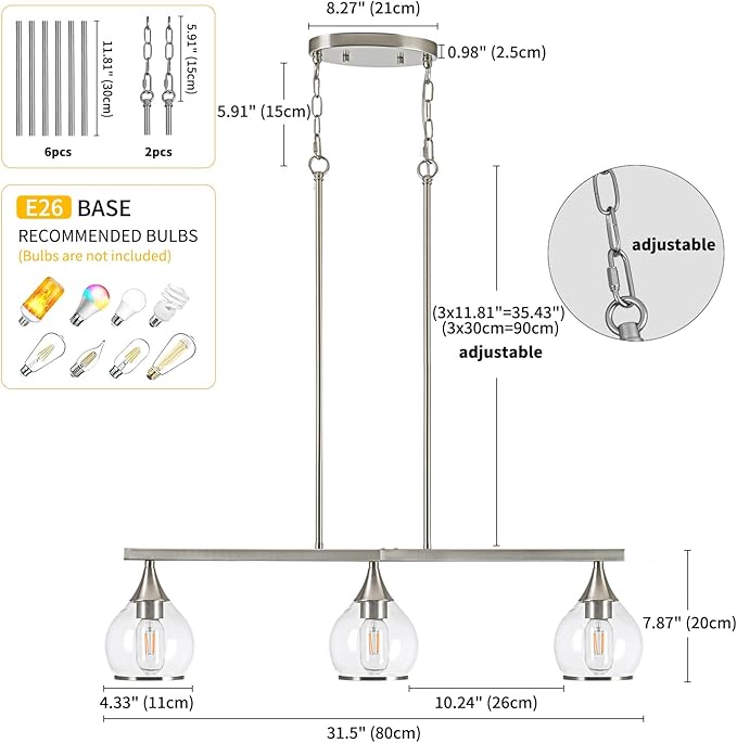 Island Light for Kitchen, 3-Light Brushed Nickel Island Pendant Lighting with Clear Round Glass Shades for Dining Table, Living Room