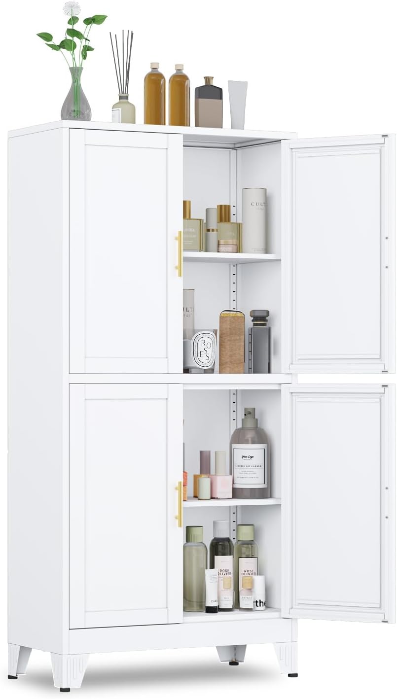 47.25" Metal Pantry Cabinet, Storage Cabinets with 4 Door and 2 Adjustable Shelves, White Bathroom Cabinet, Freestanding Cupboard for Kitchen Dining Living Room Bathroom