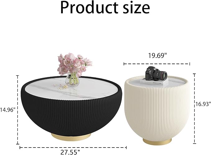 Round Living Room Table Set, 27.56" Black Drum Center Table and 19.69" White Coffee Table Set, 2 Pieces Coffee Table Set with Sintered Stone Tabletop, Fluted PU Leather Covered and Metal Base