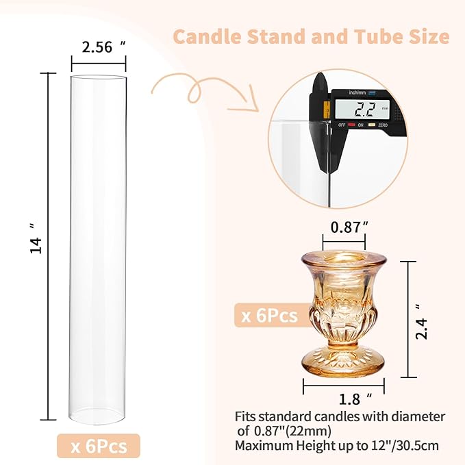 CHILL RECIPE Glass Hurricane Candlestick Holders 14" Tall Cylinder Candle Holder Chimney Tube, Floral Taper Crystal Candle Stick Holder for Birthday Wedding Christmas Home Decor(6Pcs Gold)