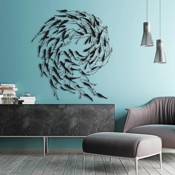 NORTH KAISER Metal Wall Art - School of Fish Wall Decor - Black Wall Hanging for Living Room Bathroom Bedroom Outdoor (46.5'' x 40.9'' / 120 x 104 cm)