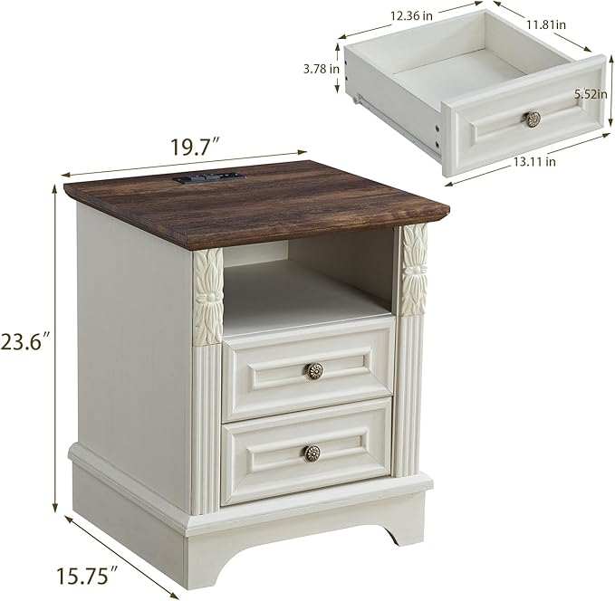 Farmhouse Nightstand wtih Charging Station, 20" End Table with 2 Drawers, Night Stand Side Table Storage Cabinet with Carved Pilasters for Bedroom, Wood Rustic, Antique White