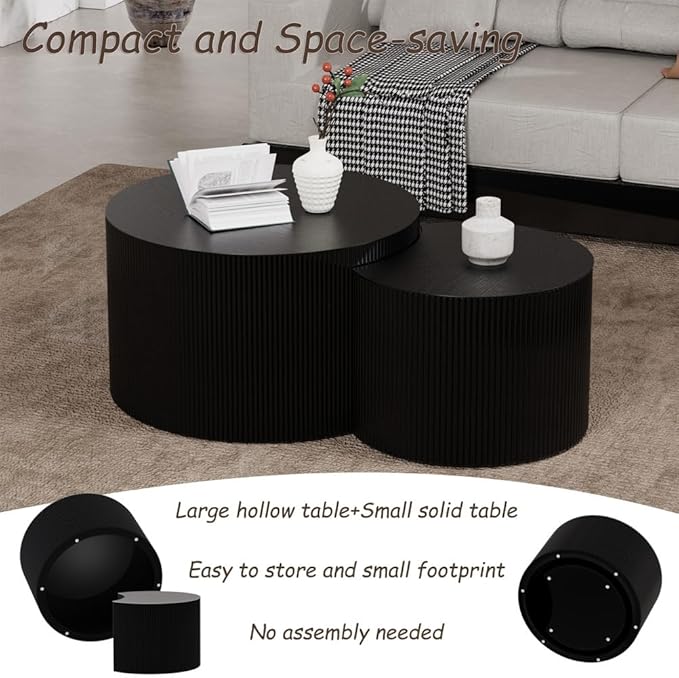 Modern Round Nesting Coffee Table Round Black Fluted Coffee Tables Set of 2 Drum Crescent Side Table Accent End Tables for Living Room, No Assembly Required,Black