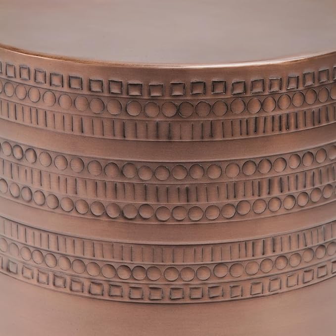 Modern Round Aluminum Hammered Embossed Texturing Metal End Table, Hand-Stamped Iron, Boho Accent Side Table, Drum Shaped, for The Living Room and Bedroom, Copper