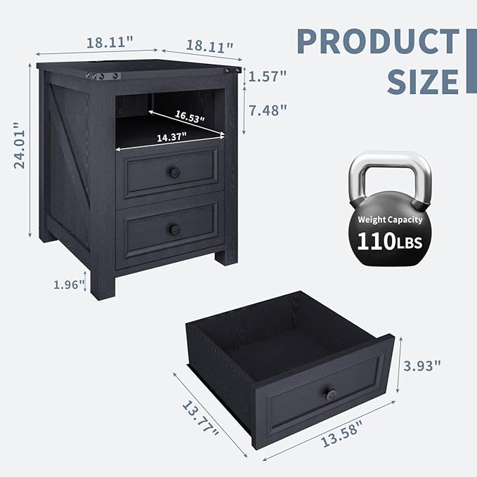 MUUEGM Farmhouse End Table with Charging Station, Side Table for Living Room, Sofa Side Table with Drawers and Storage Cabinet, Night Stand for Bedroom, Black, Set of 1