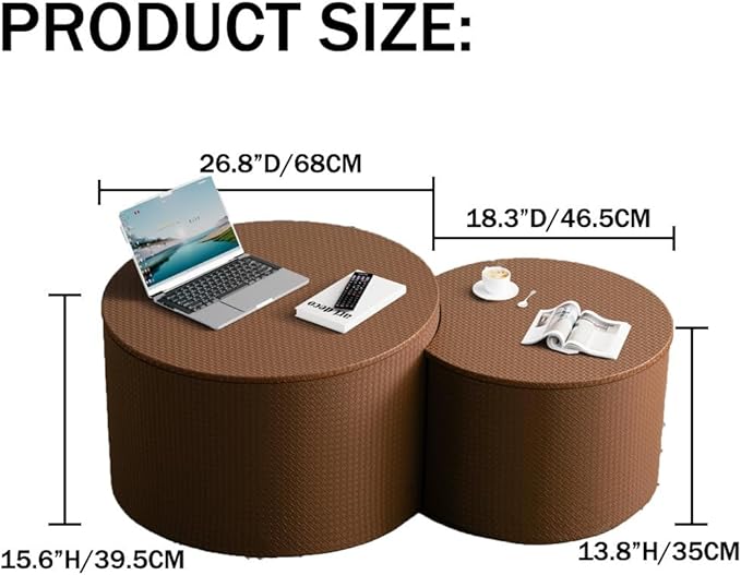 Nesting Coffee Table Set of 2 Modern Round Coffee Table with Hidden Storage Round Side Table Drum Accent End Tables for Living Room, Bedroom (Brown)