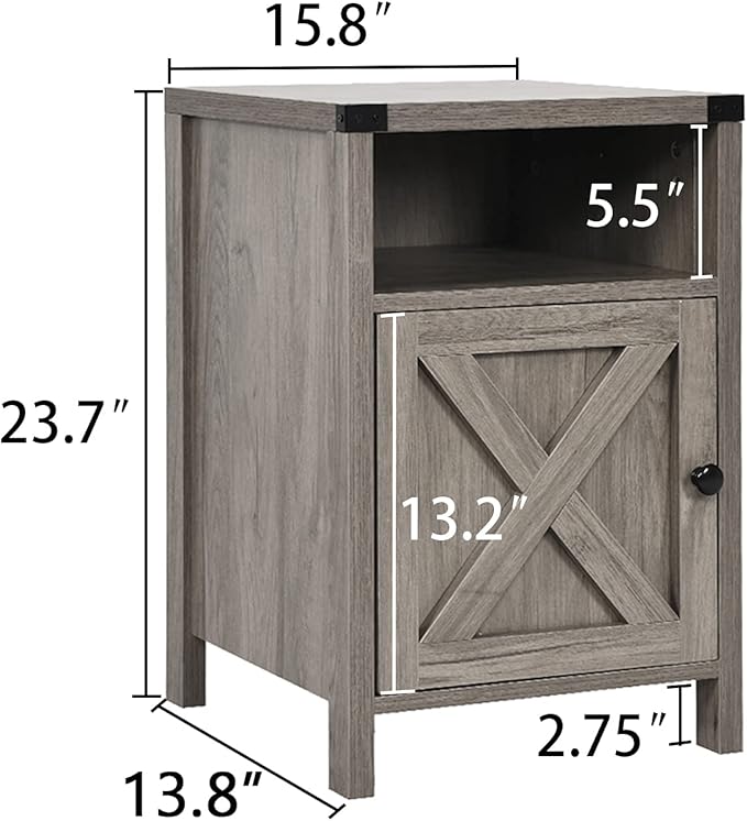 Farmhouse Nightstand, Side Table, End Table with Barn Door and Shelf, Rustic Modern Bed Night Stand for Bedroom, Living Room, Grey Wash