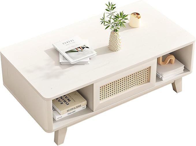 Soohow Coffee Table, Mid Century Living Room Tables with Storage, Modern Square with Rattan Drawer, Wooden Living Room Table with Solid Wood Leg