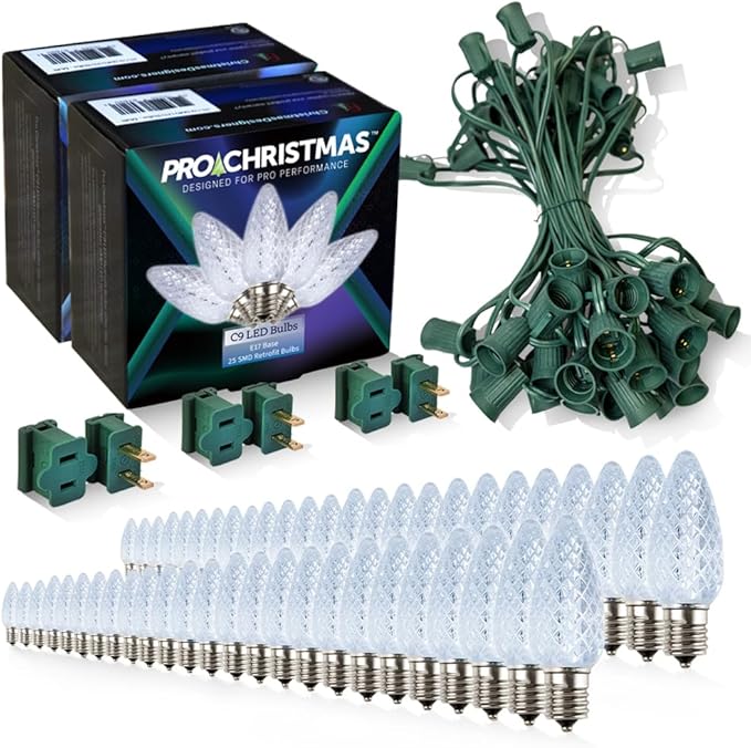 Pro Christmas C9 LED Christmas Light Kit for Rooflines & Pathways – DIY Cut to Length, Outdoor Commercial Grade (Green Wire w/Vampire Plugs, 50 Bulbs, 50 ft) Cool White