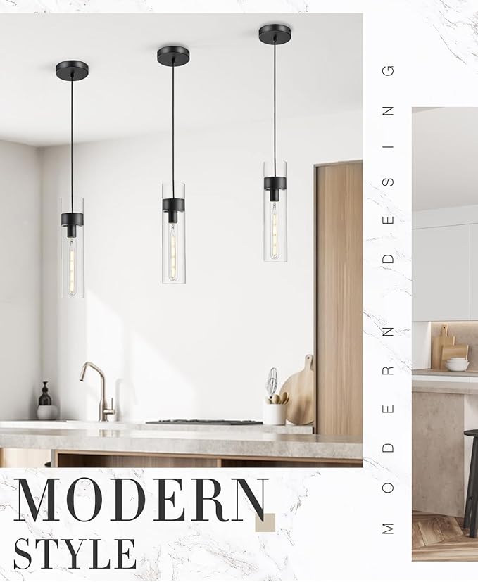Black Pendant Lights Kitchen Island (Bulb Included), Adjustable Modern Glass Pendant Light Over Island, Industrial Pendant Light Fixtures for Dining Room Hallway Bedroom Living Room